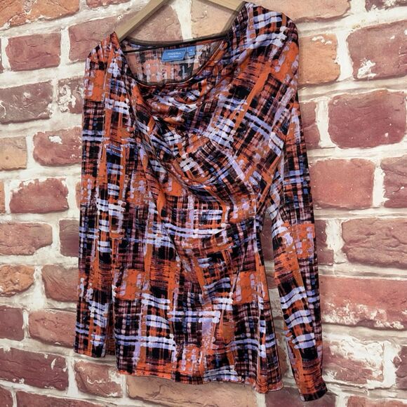 Simply Vera Wang Top Women's Medium Orange Multicolor Plaid Abstract Shirt - Picture 3 of 8